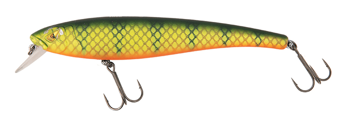 Fox Rage Slick Stick 125 12cm 19g Natural Perch , Wobbler, Kunstköder, Drillingshaken, Gelb-grünes Schuppenmuster, Tauchschaufel