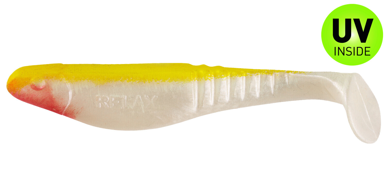SX Relax Shark 11 cm (4") Perlweiß Fluogelb 10 Stück, Softplastik-Köder, Weichköder, Kunstköder, Angelköder, Zweifarbiger Köder