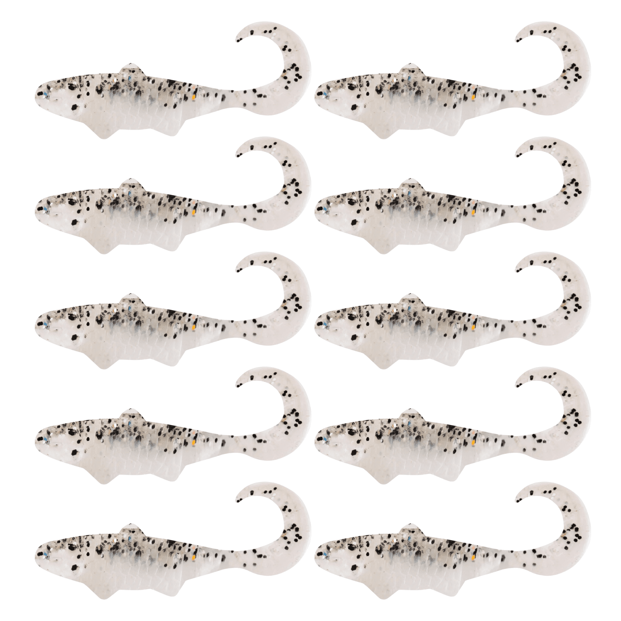 SX Relax Banjo Twister 5cm (2") Perlweiß Klar Salt'n Pepper Glitter 10 Stück – Bild 2, weichplastik Köder, weiß mit Flecken, Kopf Schwanzform, mehrfach Packung, Krebs-/Krokopferer