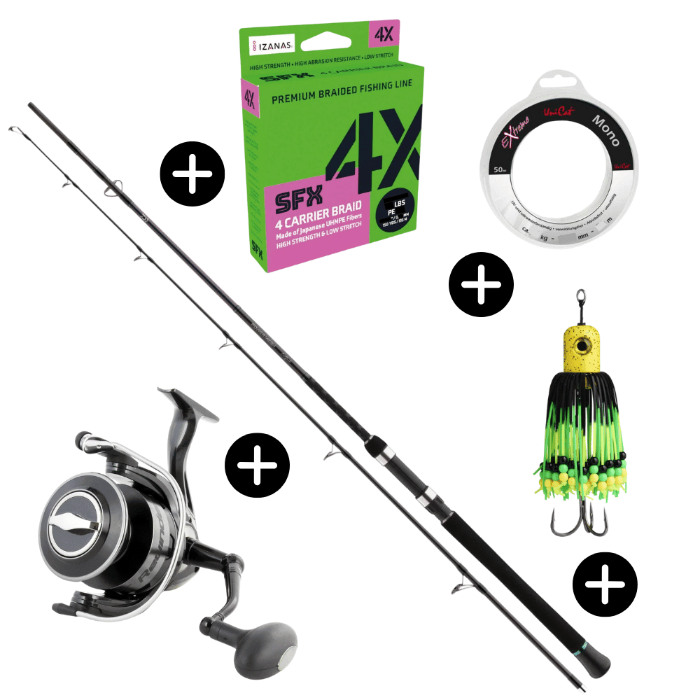 Harcsa-Komplett-Set Pergetés Daiwa Powermesh Catfish Spin 215cm 160g + Uni Cat Cat Rewinder III 8000 + Sufix 4X 0,285mm 18kg 300m Multicolor + Uni Cat X-Treme Mono 1,3mm 57,2kg 50m + DAM Madcat Clonk Teaser 150g Sárga Rolle
