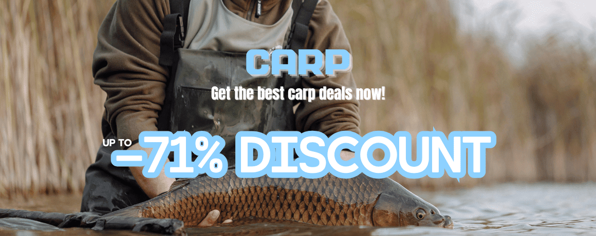 Angler holding a carp over the water – up to 71% off on carp fishing deals.