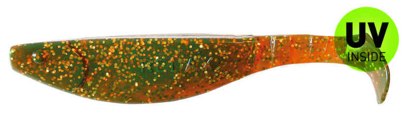 soft-plastic lure, swimbait, green-brown, glitter-speckled, UV-inside