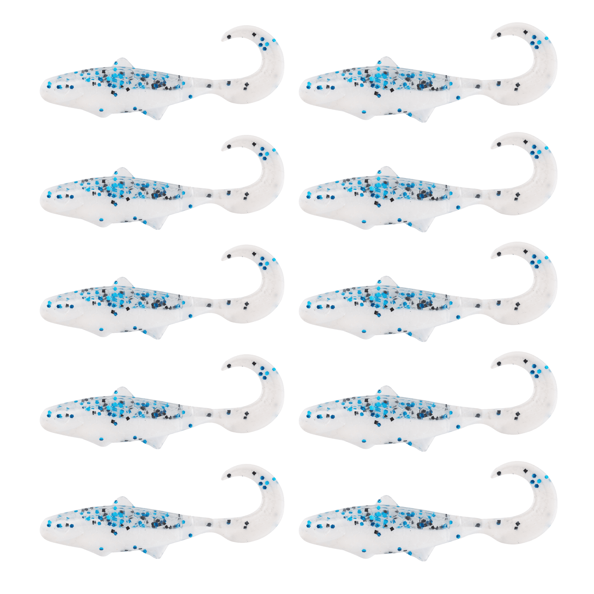 SX Relax Banjo Twister 5cm (2") Reinweiß Klar Blau Glitter 10 Stück – Bild 2, softer Kunststoff Köder, Schwimmkörper, Glitzerflocken, blau gepunktet, gekrümmter Schwanz