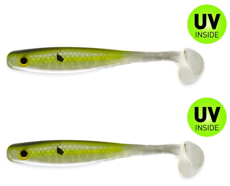 soft plastic lure, fishing lure, crankbait, grün-gelb, Schwanz-Paddel