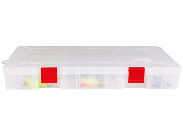 fishing tackle box, storage box, organizer, transparent lid, red latches