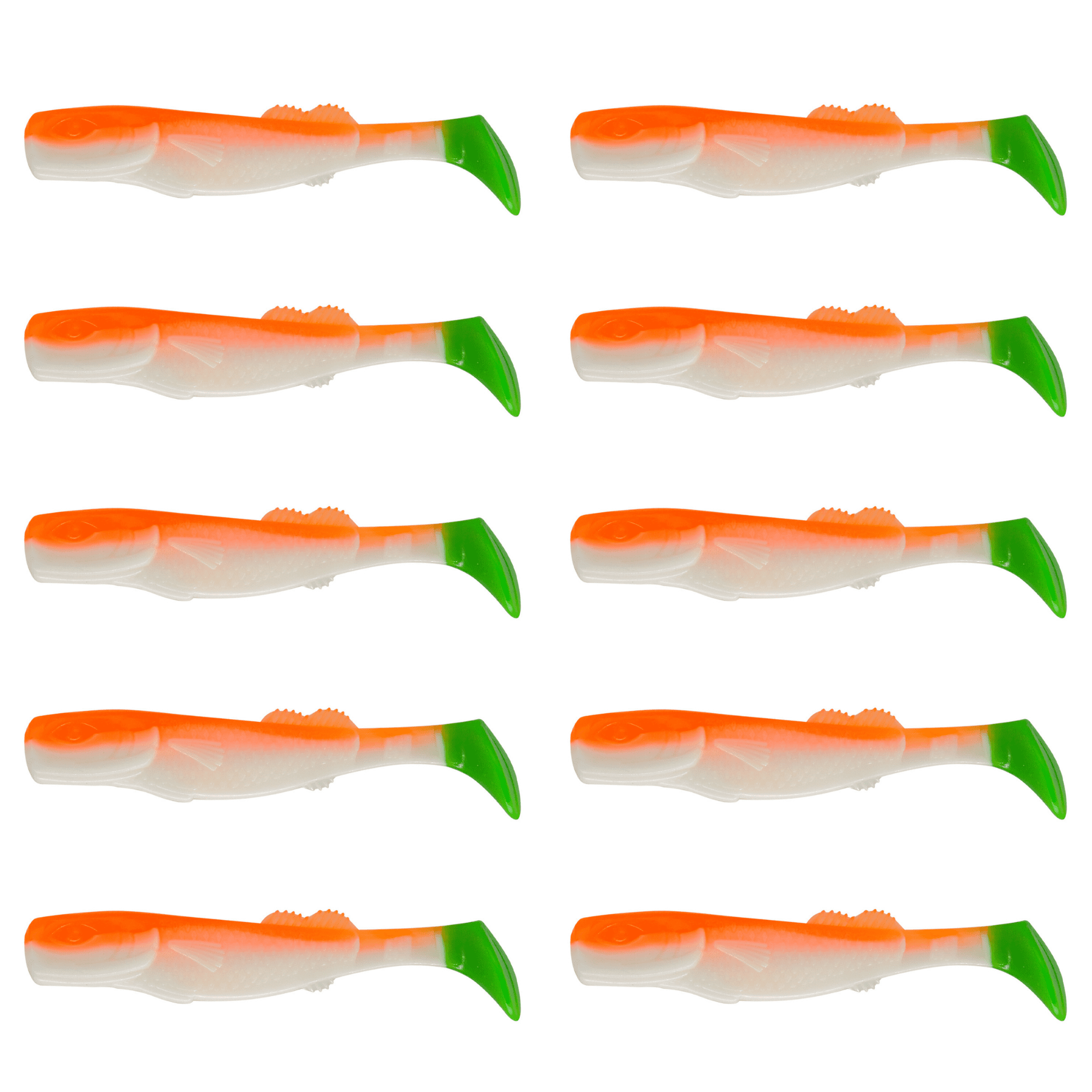 Relax California 11cm (4") Reinweiß / Orange / Lime Tail 10 Stück – Bild 2, gummi worm, fischköder, soft plastic, orange weiß, grüner schwanz