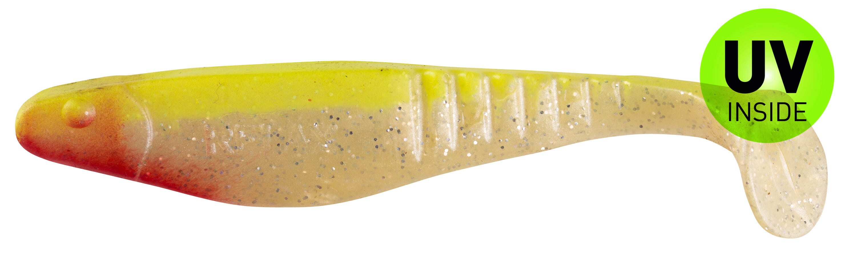 SX Relax Shark 11 cm (4") Perlweiß Glitter / Fluogelb 10 Stück, weicher Kunststoff Köder, Angelhaken Köder, Weicher Köder, grün-gelb, Glitzerpunkte