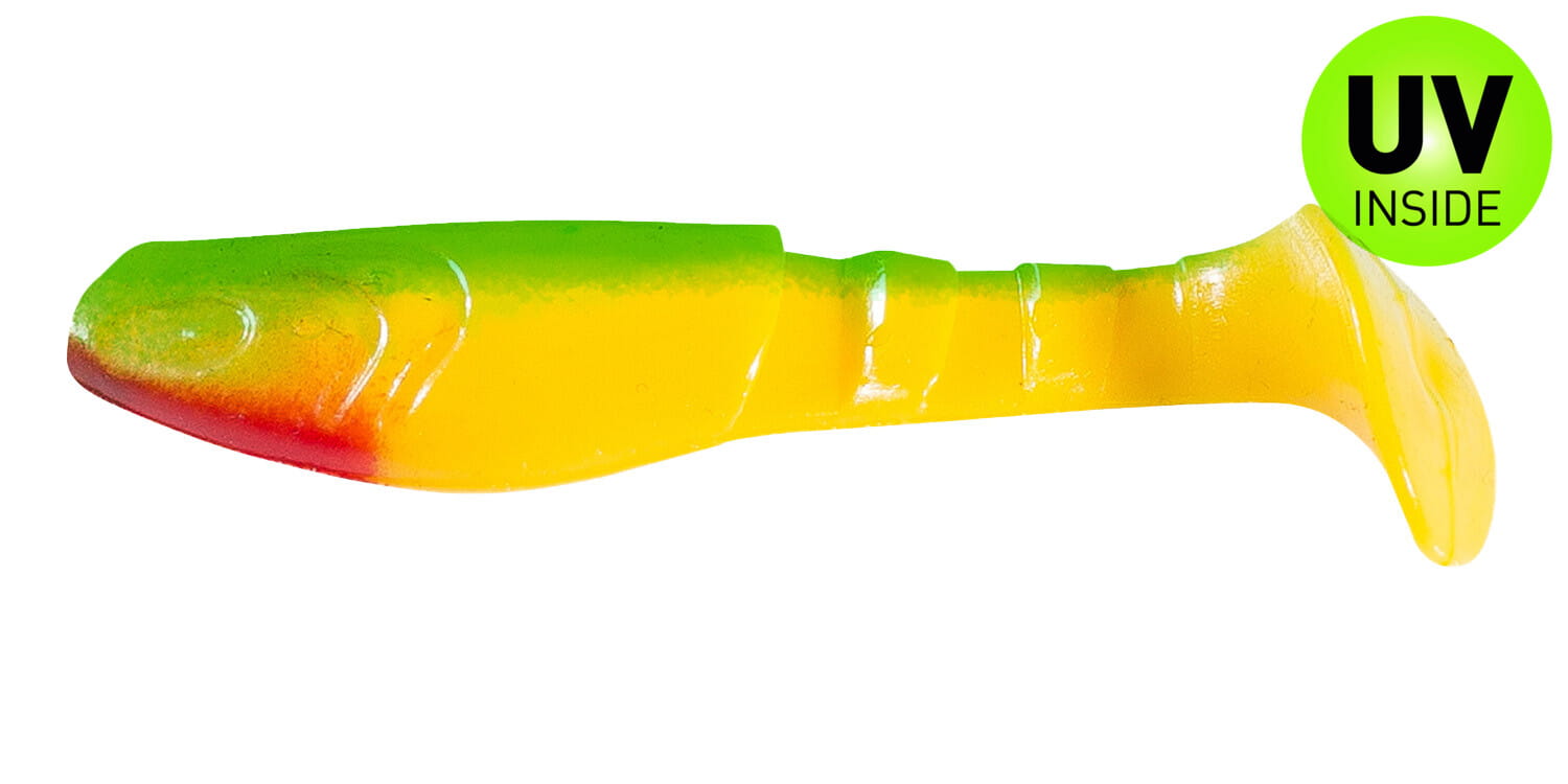 SX Relax Kopyto 8cm (3") Gelb / Grün / Red Head 10 Stück, Gummijig, Softbait, Schwimmender Köder, Farbverlauf, UV-Inside