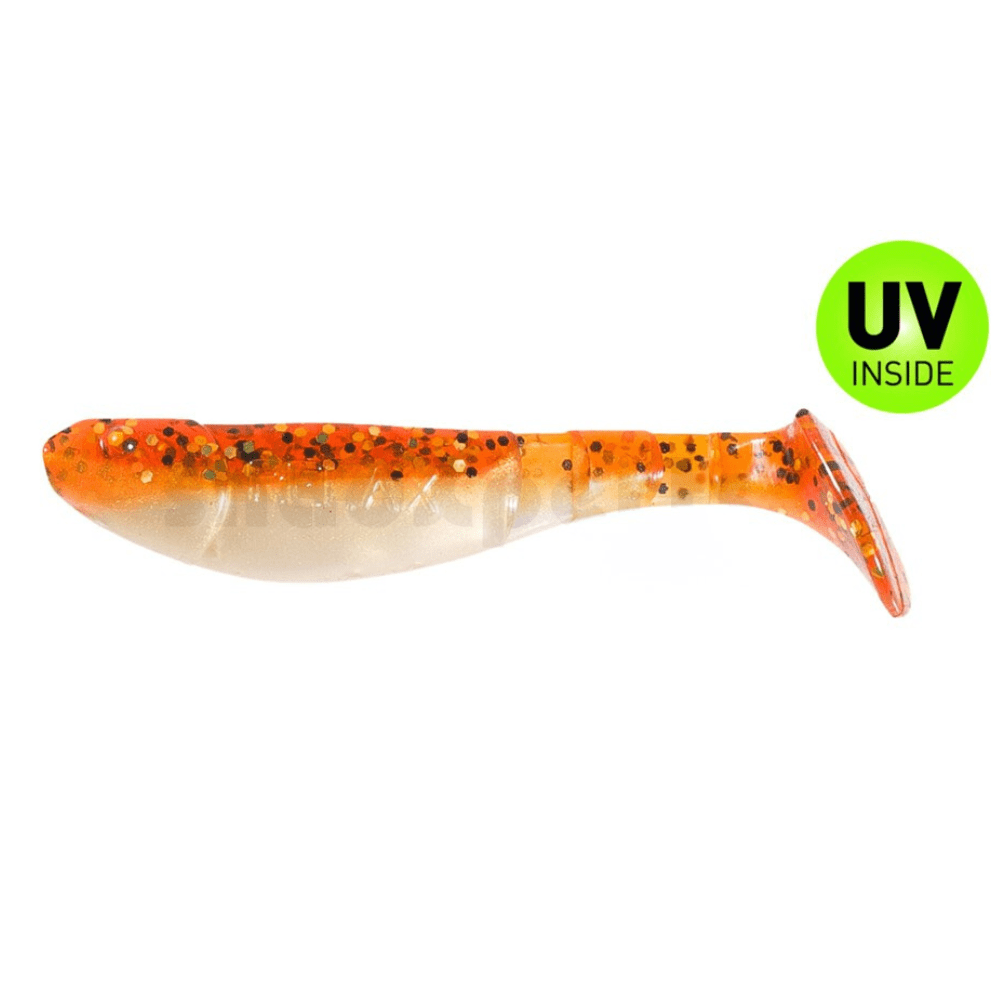 Gummifisch, Softbait, Orangene Farbe, Glitzer, UV Inside
