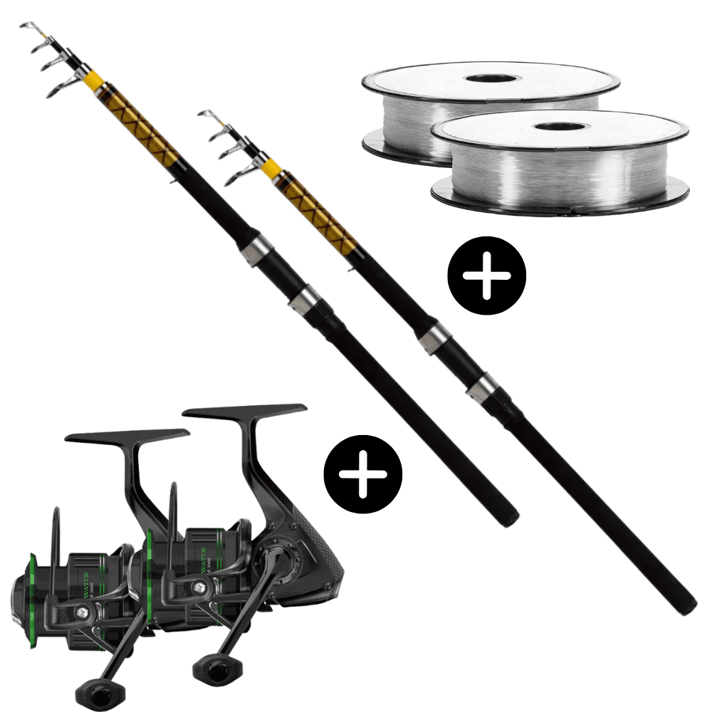 Allround Sets 2x WFT Never Crack Tele Universal 300cm 30-60g + 2x Cormoran Cross Water 3000 + 4x Go Fish Mono Karp Ryby drapieżne Połów na dno Spinning Wędkarstwo z pływakiem Rolle