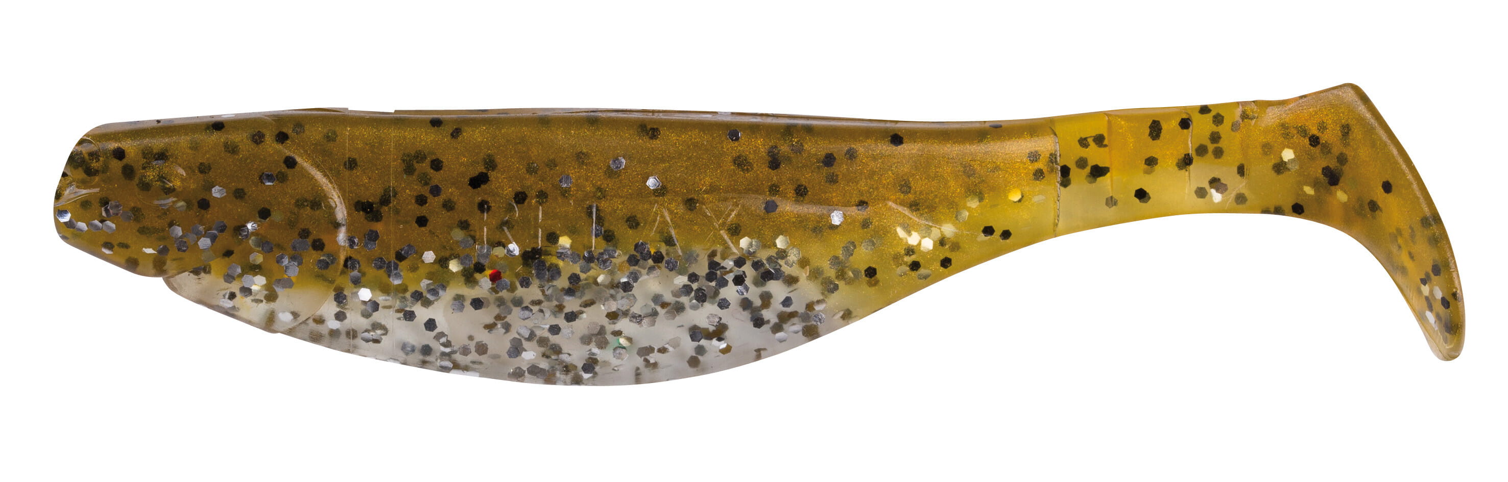 Relax Kopyto River 11m (4") Klar Silber Glitter / Olivebraun Glitter 10 Stück, weicher Kunststoff Köder, Swimbait, Glitzerflocken, gekrümmter Schwanz, olivbraun