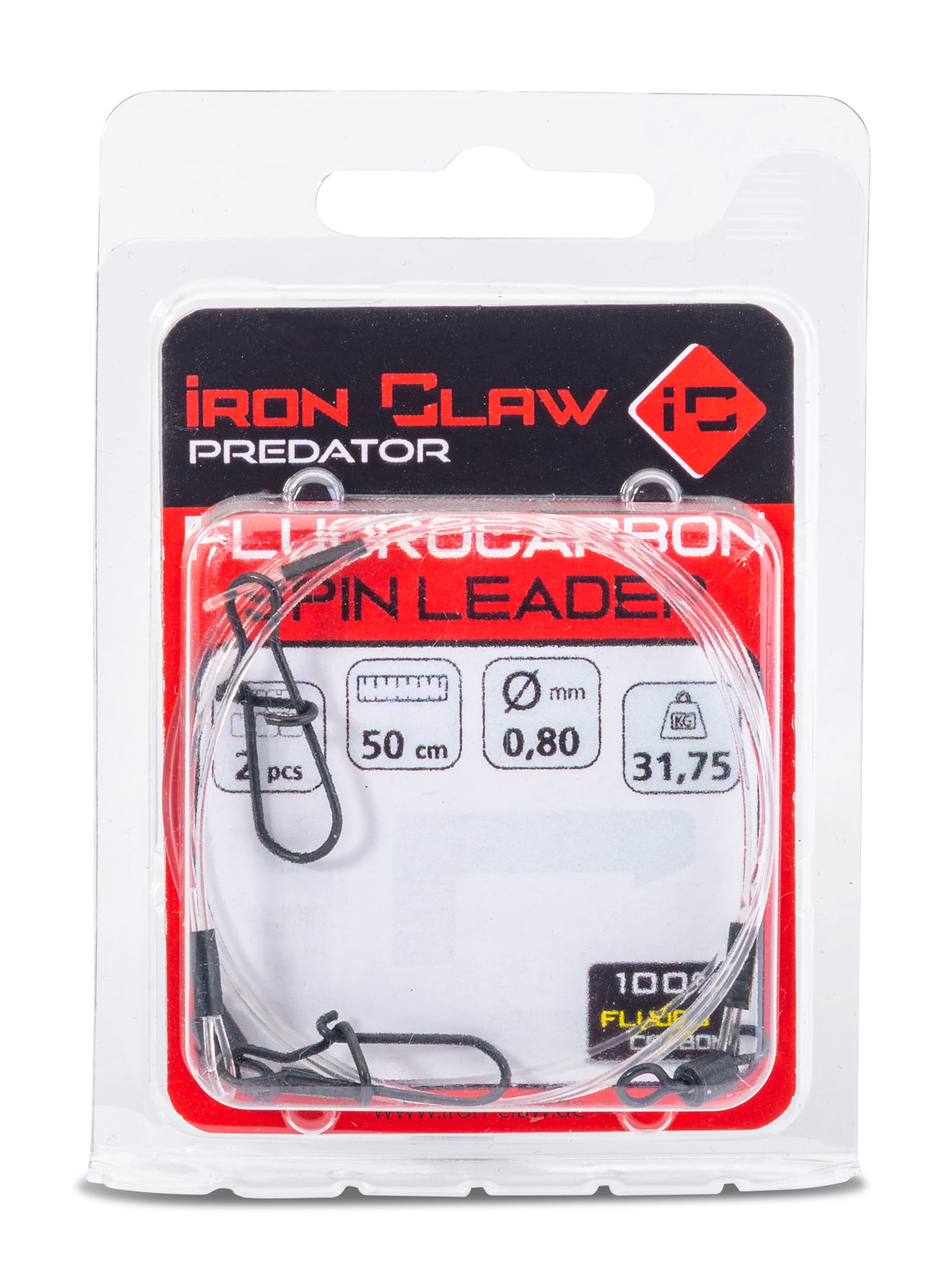Iron Claw Fluorocarbon Spin Leader 50cm/14,15kg 2 Stück, Karpfen-Vorfach, Fluorocarbon, Wirbelvorfach, 50 cm, 0,80 mm
