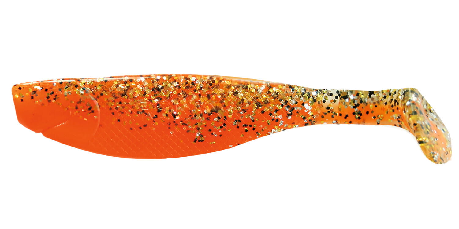 Relax Kopyto River 11cm (4") Orange / Klar Gold Schwarz Glitter 10 Stück, Gummischwein, Gummibait, Glitzer, Orange, Gummi