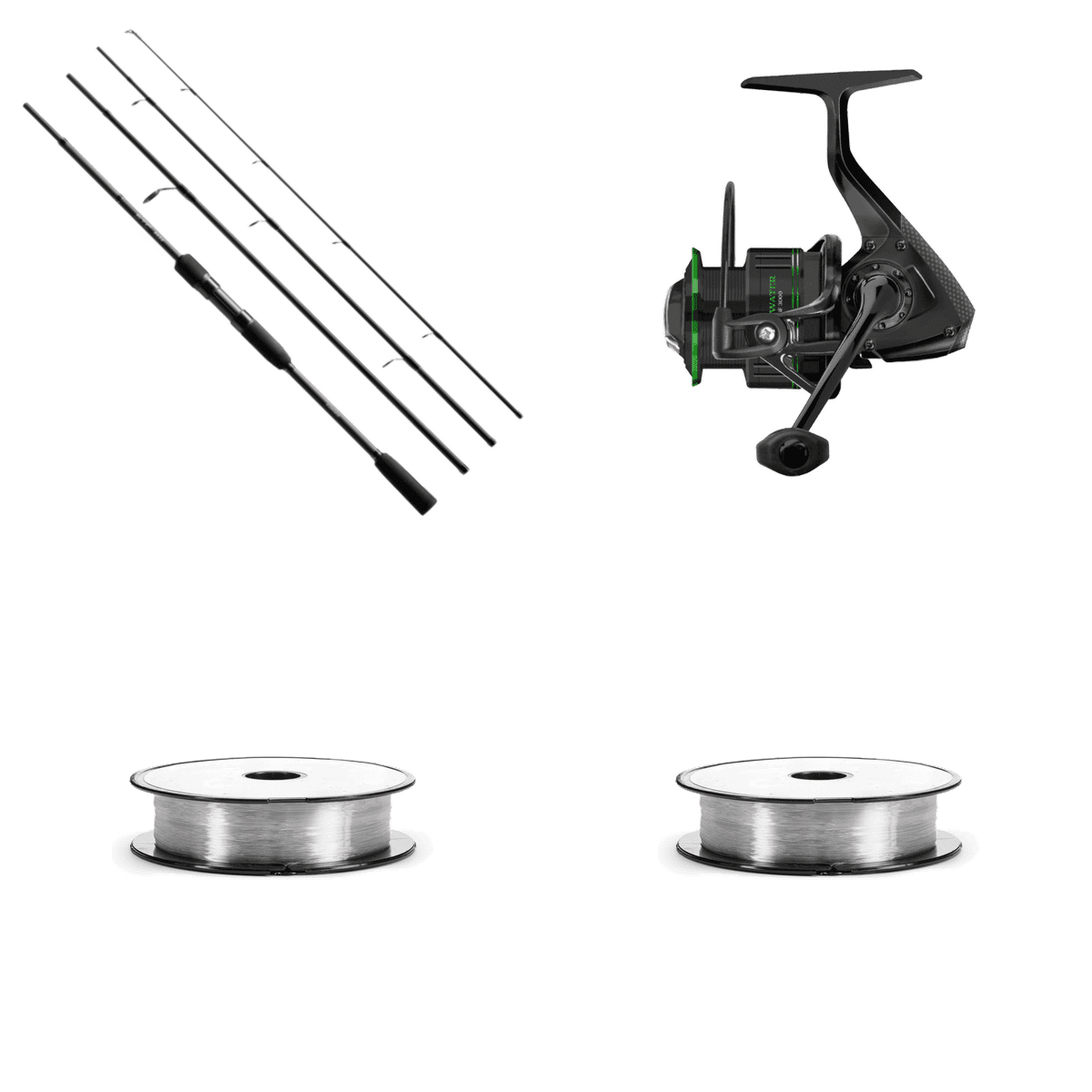 Angelset, Angelrute, Spinnrolle, Angelschnur, schwarz