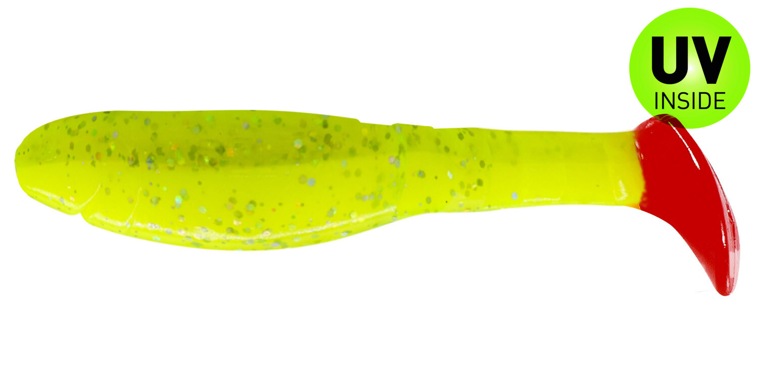 SX Relax Kopyto Classic 8cm (3") Fluogelb Fluogrün Glitter Red Tail 10 Stück, Gummifisch, Softbait, Köder, Neon Gelb, Glitzerpartikel
