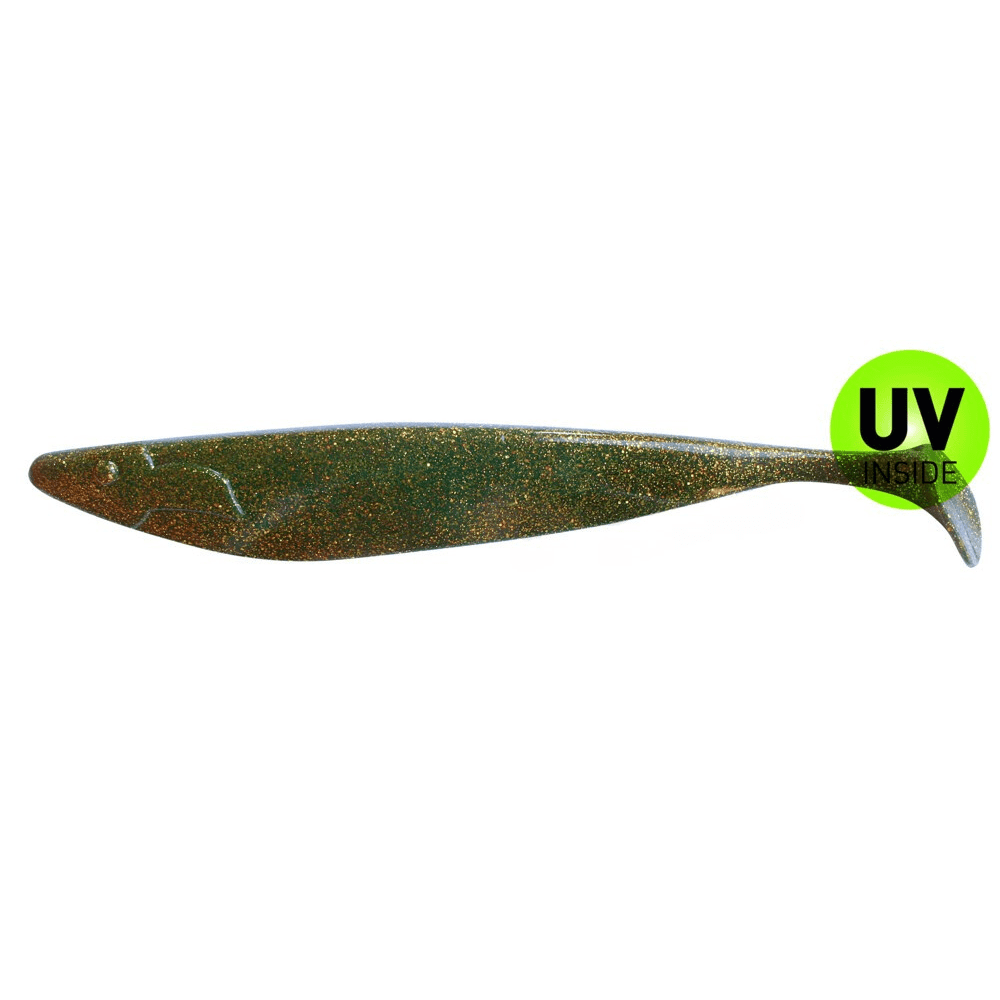 weicher Kunstköder, Glitzer, grün-braun, Swimbait, UV-Innenbereich