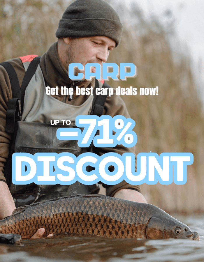 Angler holding a carp over the water – up to 71% off on carp fishing deals.