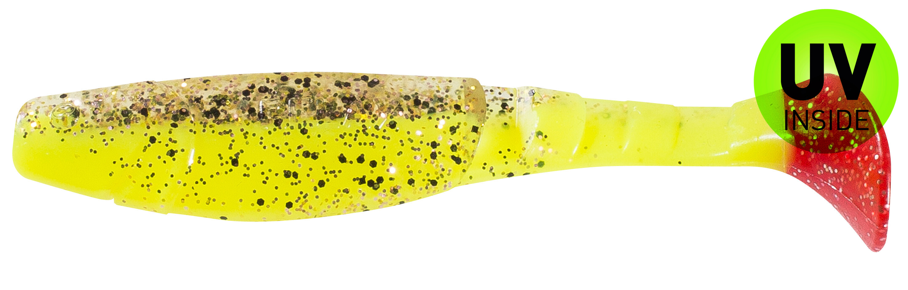 SX Relax Kopyto Classic 11cm (4") Fluogelb / Klar Kupfer / Schwarz Glitter / Red Tail 10 Stück, weicher Kunststoffköder, Glitzer, Gelb, Roter Schwanz, Angellure