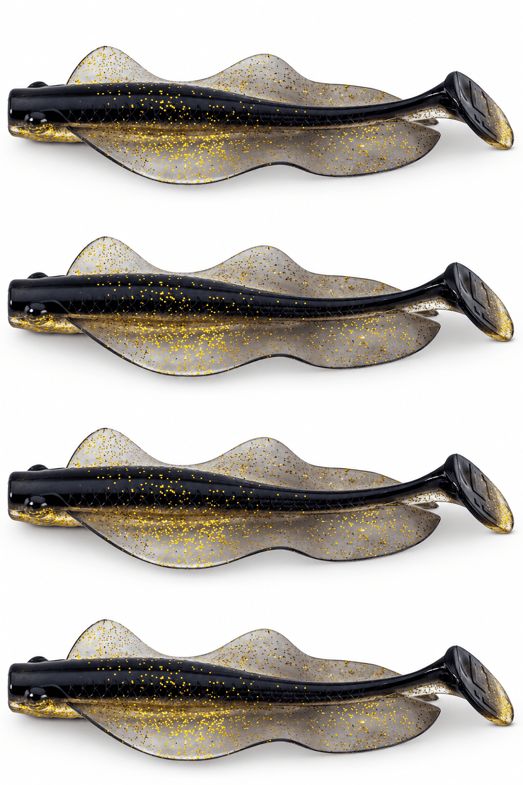 Iron Claw Hecht & Zander Wave Glider 13cm Golden Nugget 4 Stück, Gummiköder, Anglerköder, Schwarz-gold, Glitzerdesign, Schaufelschwanz