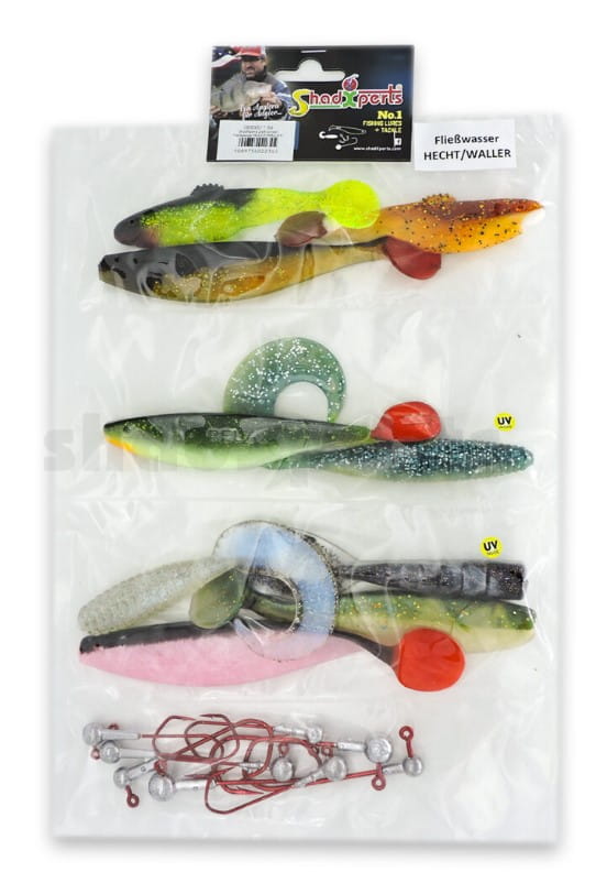 SX Zielfisch-Set Hecht/Waller Fließwasser 10 Shads 8 Jigköpfe Person, Köder zum Angeln