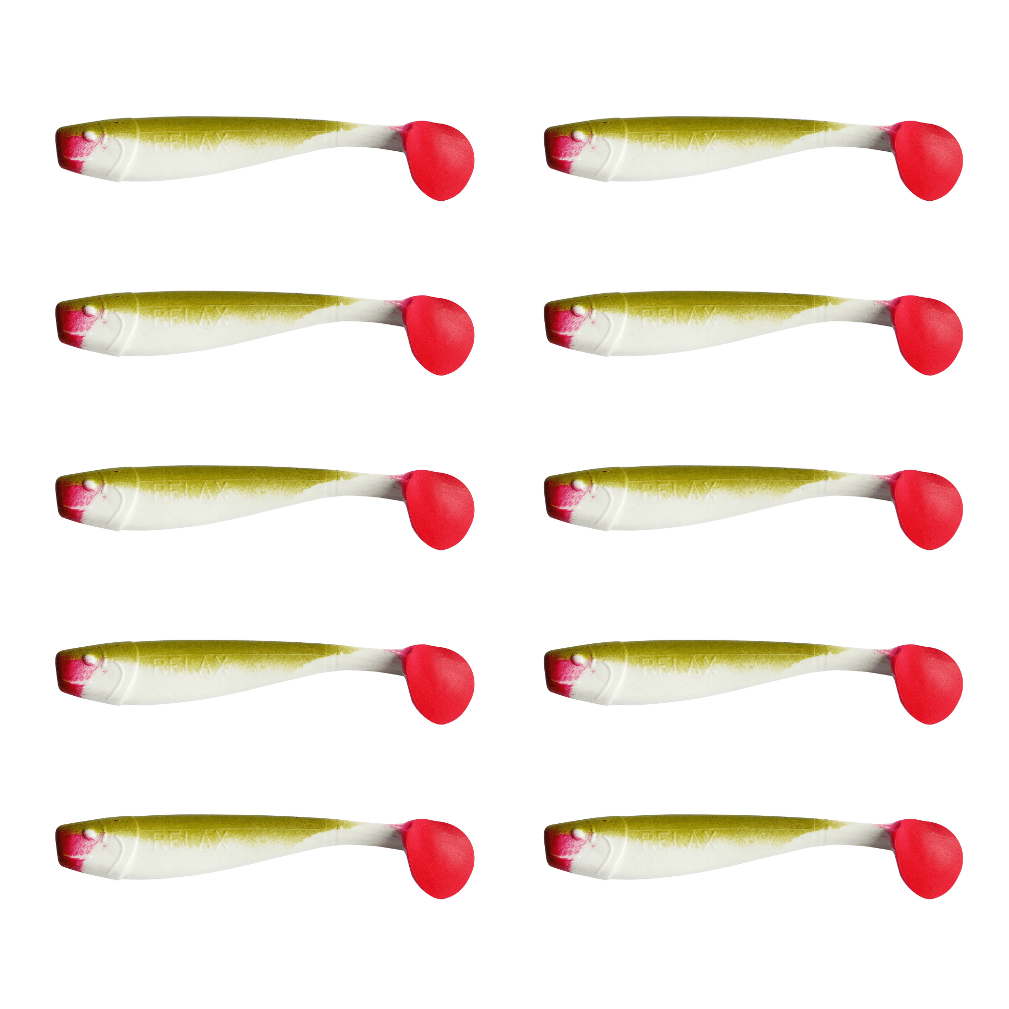 Relax King Shad 11cm (4") Reinweiß / Bodengrün 10 Stück – Bild 2, soft plastic lure, fishing lure, swimbait, green gold, red tail