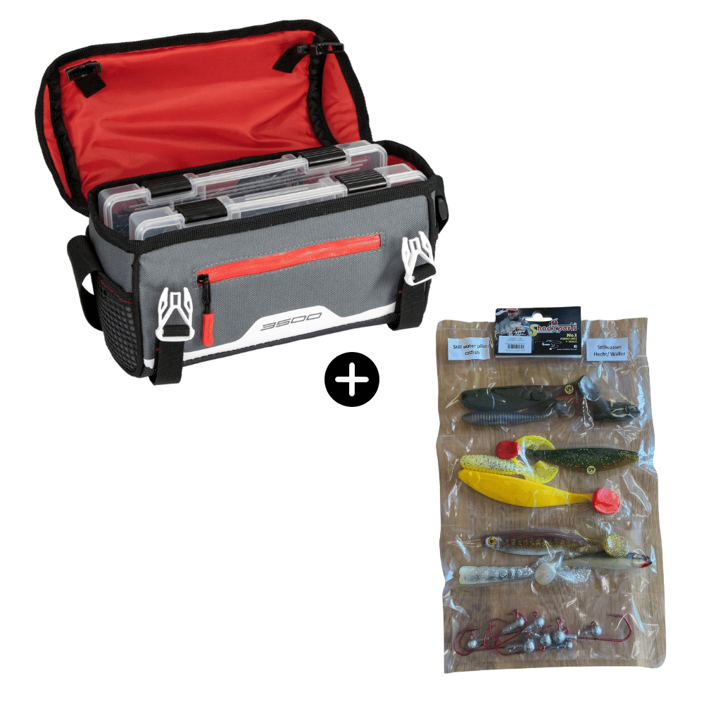 Snoek/Meerval Stilstaand Water Set Plano Tasche 3600 + SX Doelvis-Set Snoek/Meerval Stilstaand Water 8 Shads 6 Jigkoppen Erste Hilfe
