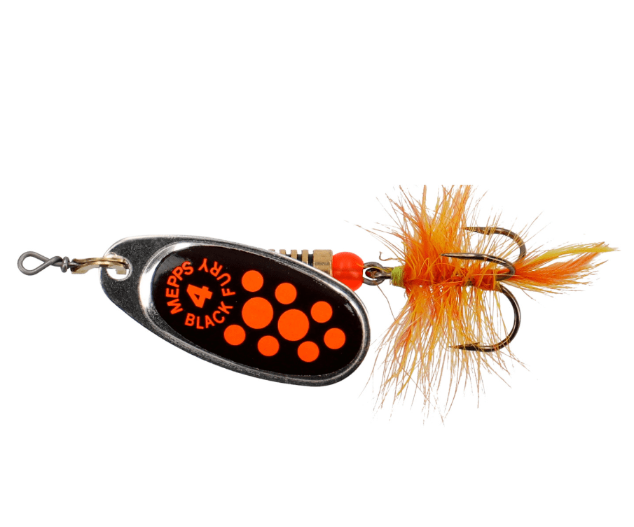 Mepps Black Fury Black with orange dots and fly Size 4 8g | 52-37004