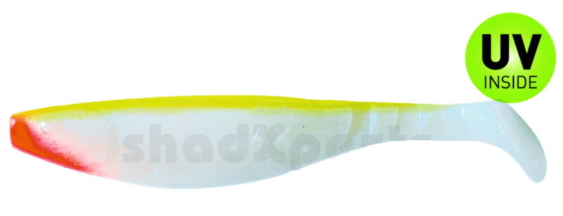 soft-plastic lure, gummiflosse?, ang拉?, neon-gelb, gebogene schwanzform