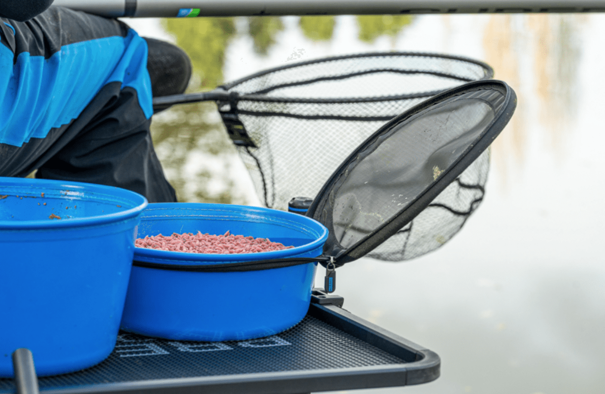 blue bucket, pellets, net, fishing, bucket