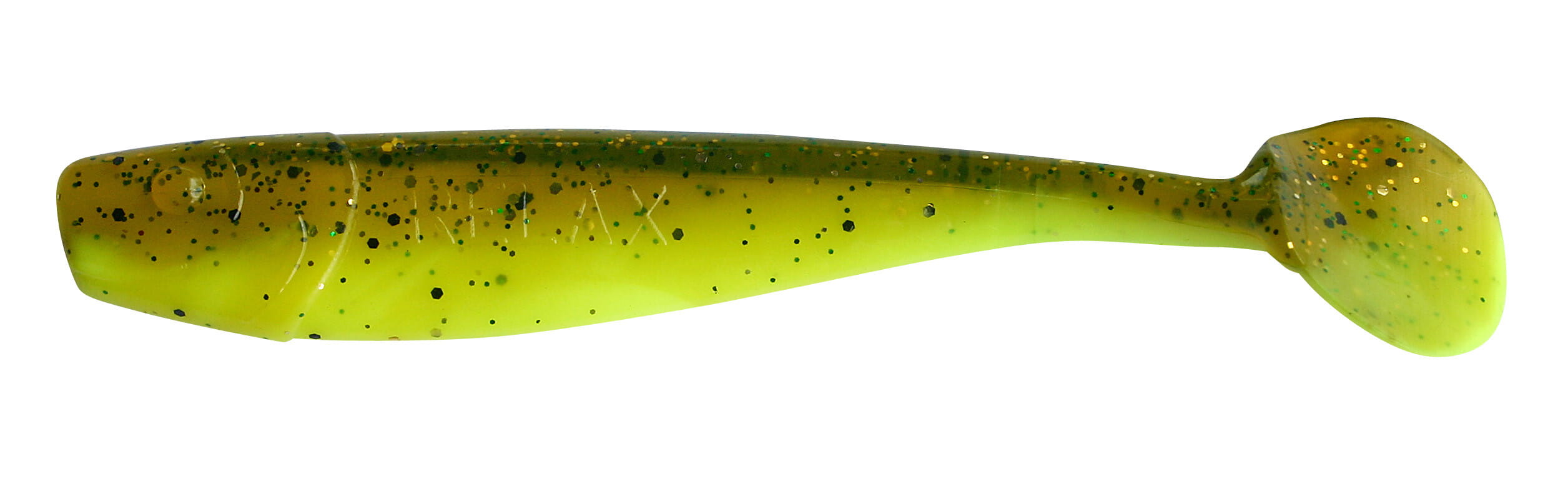 Relax King Shad 11cm (4") Fluogelb / Olivebraun-Glitter 10 Stück, weicher Kunststoffköder, Angellake, Glitzerflakes, Limette Grün, Schwanz-Spinner
