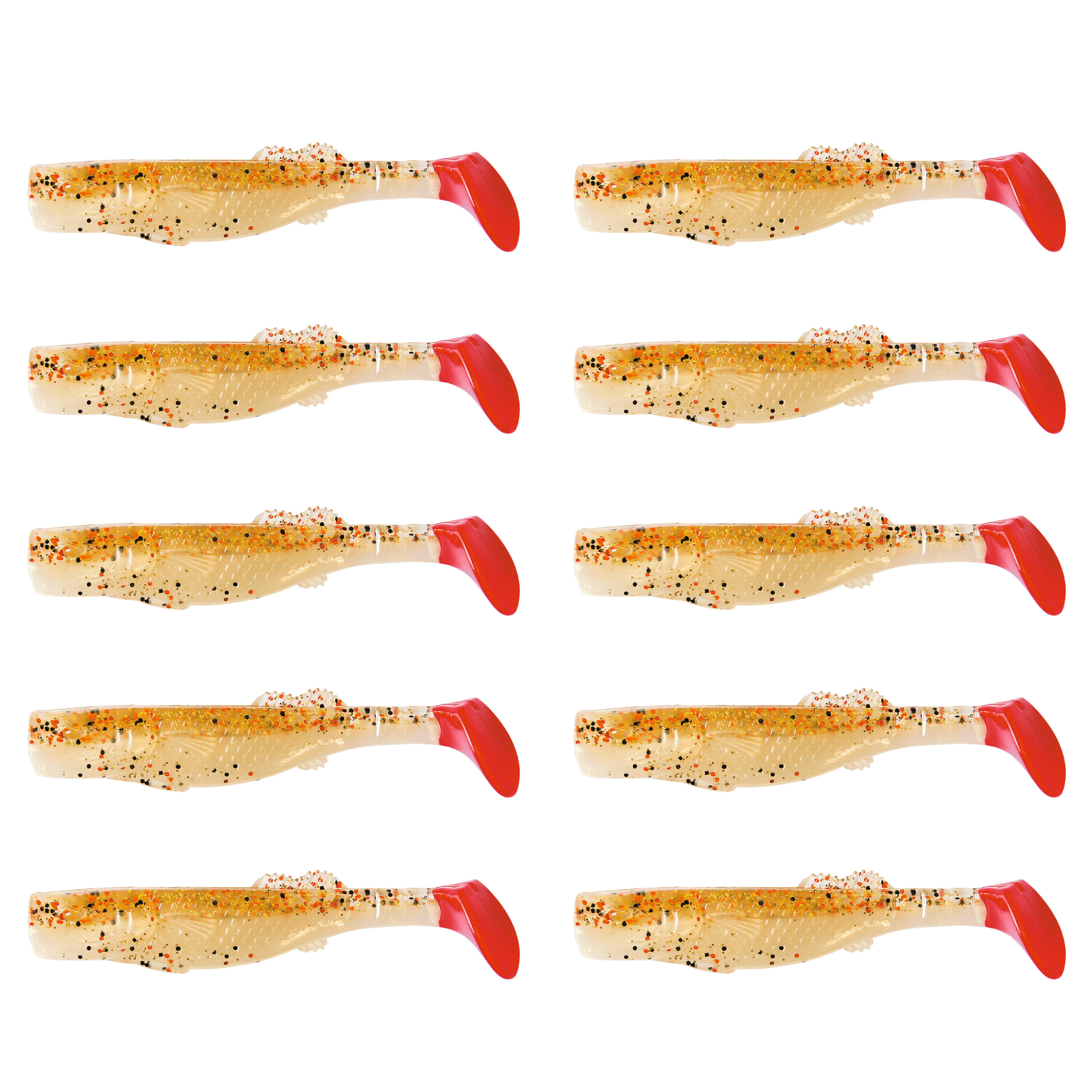 Relax California 11cm (4") Goldperl / Desert Sand 10 Stück – Bild 2, Weicher Kunststoff Köder, Angelschnur Köder, Glitzerpunkte, Perlmutt Körper, Roter Schwanz