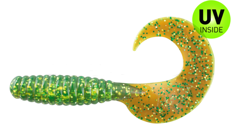 soft plastic lure, swimbait tail, curved grub, green glitter, UV inside