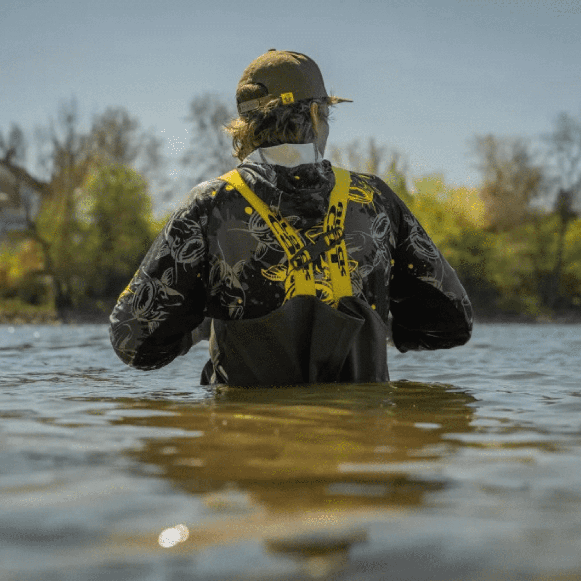 Wathosen, Regenjacke, Hooded jacke, gelbe Hosenträger, wasserdichte Ausrüstung