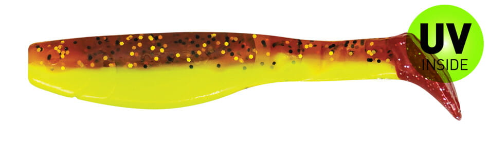 SX Relax Kopyto Classic 11cm (4") Fluogelb / Olivebraun Glitter / Red Tail 10 Stück, soft plastic lure, fishing lure, lipless shape, yellow brown, glitter speckles