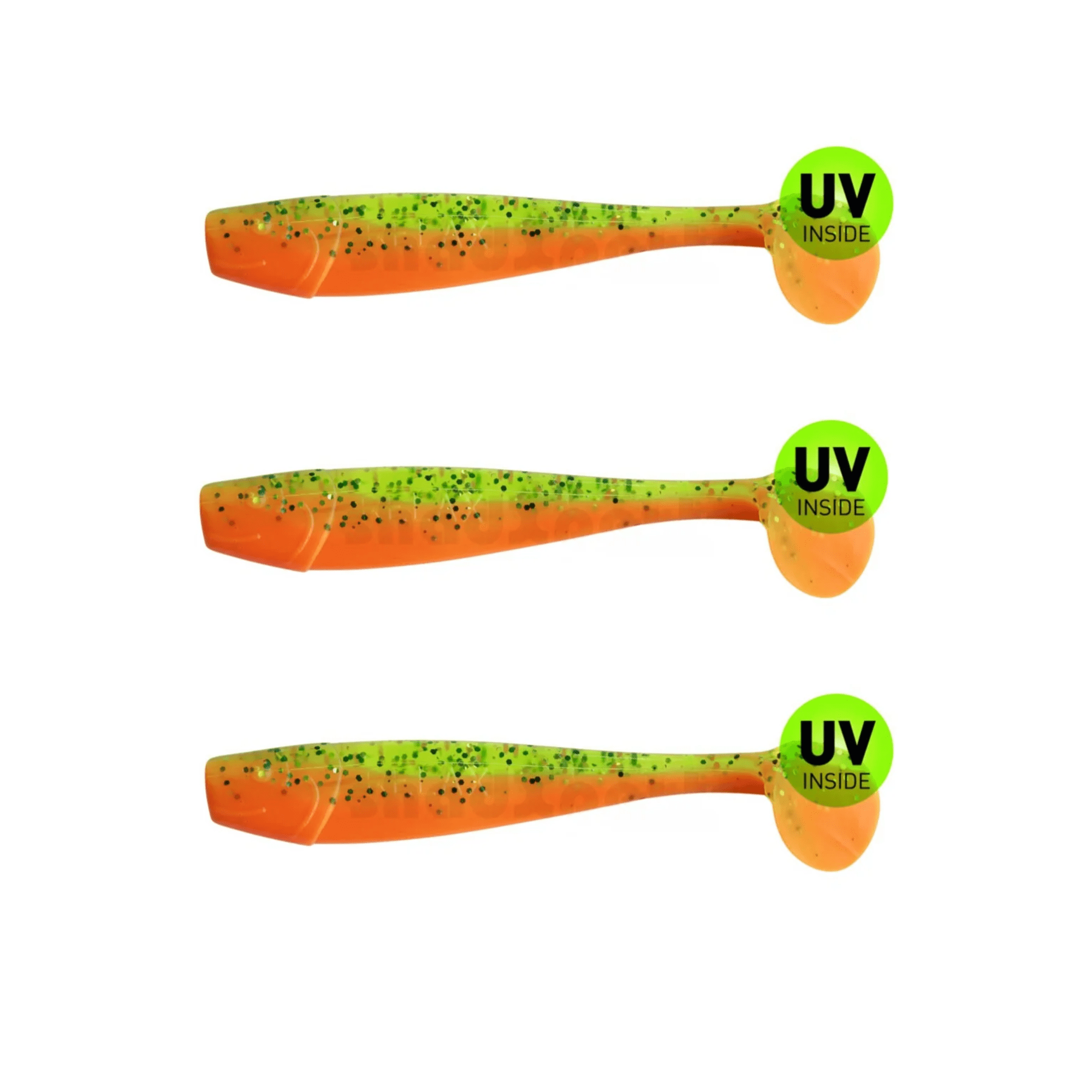 Relax King Shad 11 cm (4") Orange Glitter Fluogrün Glitter 3 Stück, weicher Kunstköder, Angelköder, grün-orange, Glitzerpunkte, UV-Innen
