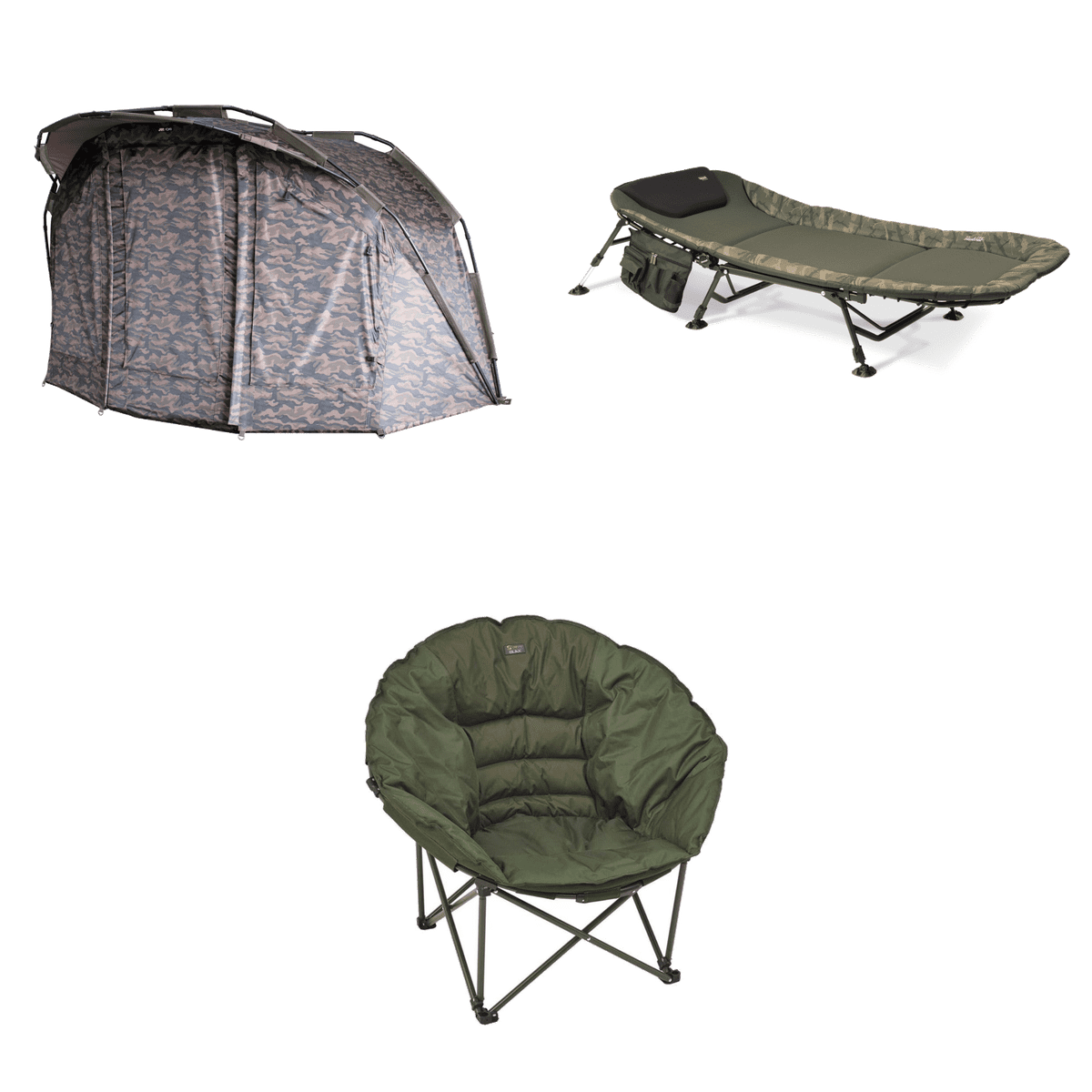 Angelzelt, Feldbett, Klappstuhl, Tarnmuster, Olivgrün