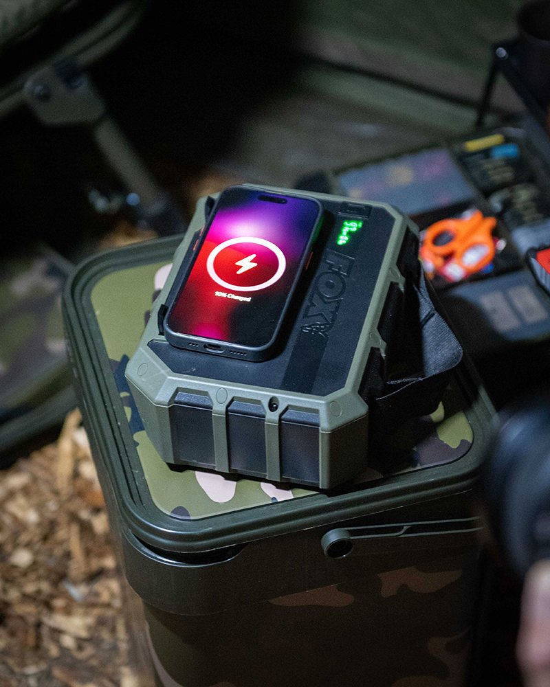 Power Bank, Smartphone Charger, Camping Gear, Military Green, Phone on Dock