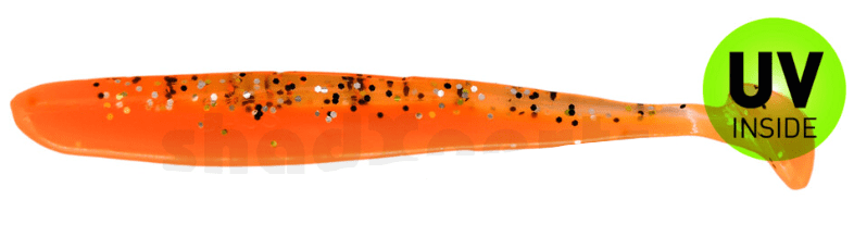 soft-plastischer Köder, orange Farbe, Glitzerflecken, langer schlanker Köder, UV-Innenbeschichtung