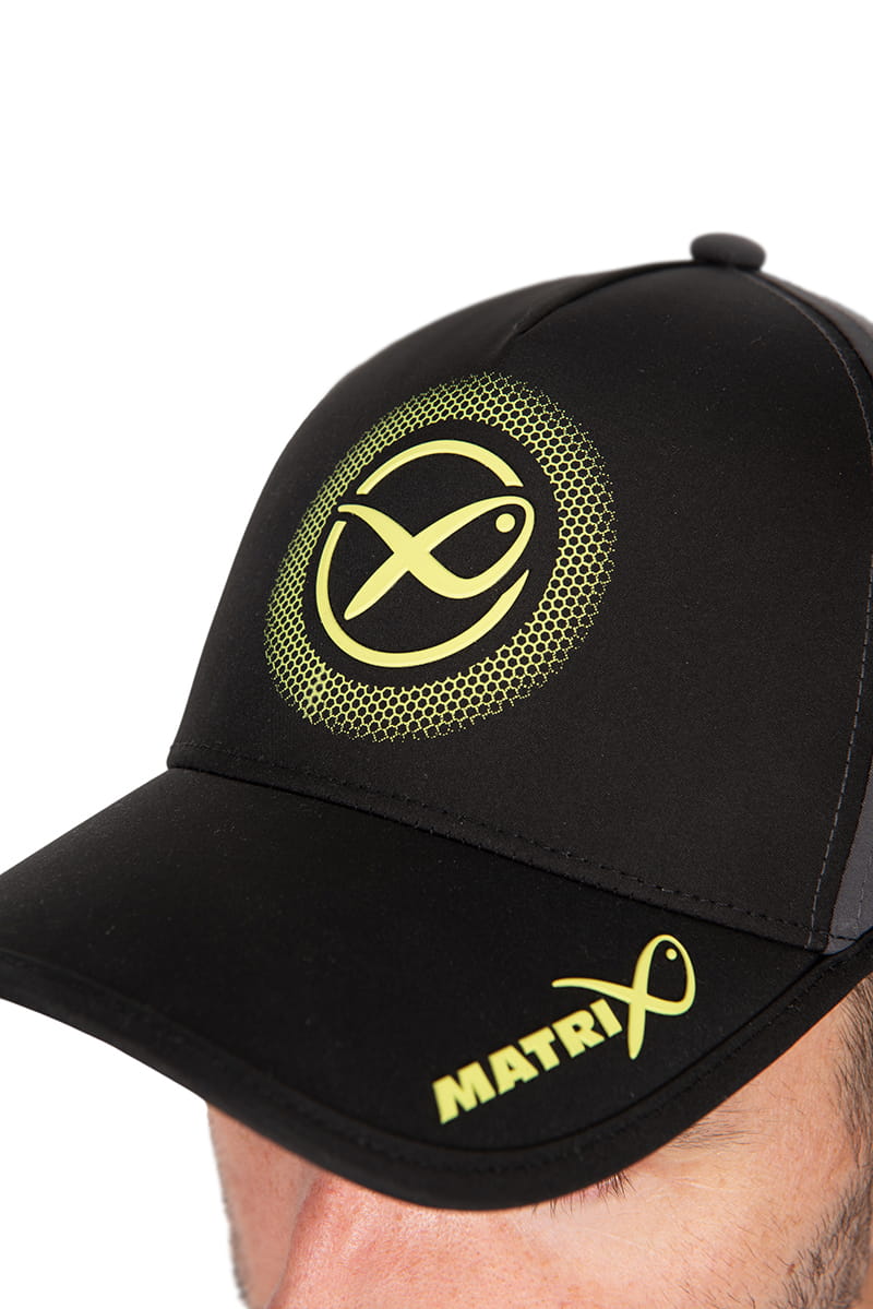 baseball cap, schwarze kappe, logo, netzmuster kreis, gelbes logo