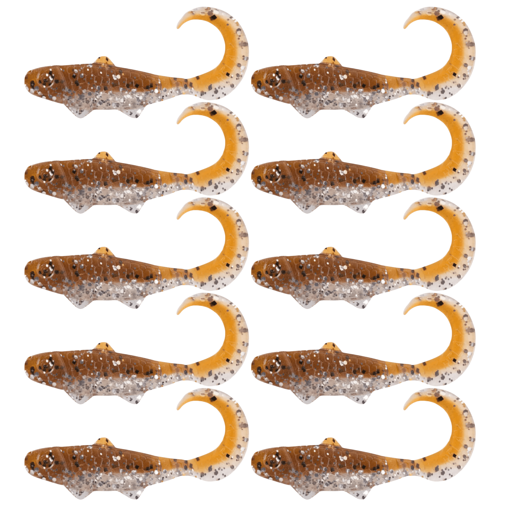 SX Relax Banjo Twister 3,5cm (1") Klar Silber Glitter Olivbraun Glitter 10 Stück – Bild 2, flexibler Köder, weicher Kunststoff, braunorange, geästeltes Muster, Schwanzgrüble