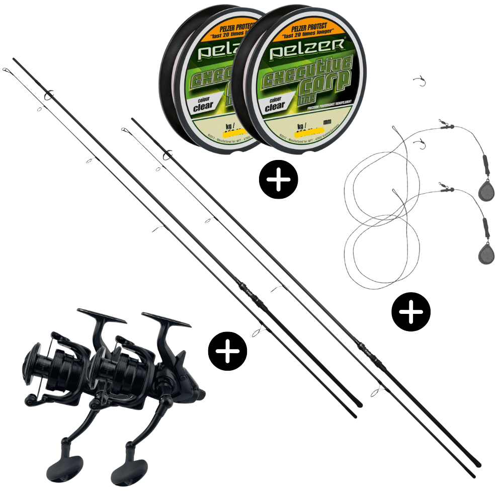Set completo deluxe per carpe 2x Wolf X3K 12ft 3lbs + 2x Daiwa 22 Emblem BR 10000 Mulinello a frizione libera + 2x Pelzer Executive Line 0,28mm 8kg 400m + 2x GoFish Chod Rig 40g Rolle, Eishockey-Puck, Sport, Angler, Draußen