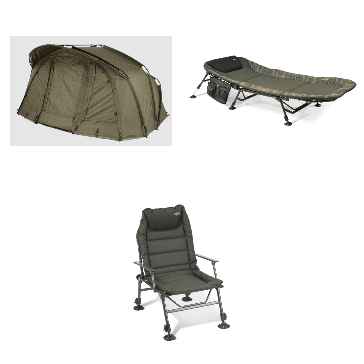 Angelzelt, Angelliege, Angelstuhl, Campingmöbel-Set, Olivgrün