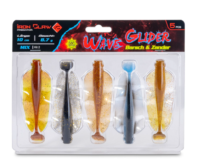Iron Claw Barsch & Zander Wave Glider Mix Kit 10cm 5 Stück – Bild 2, Angelköder, Gummiköder, UV-aktiv, Mixfarben, 5er-Set
