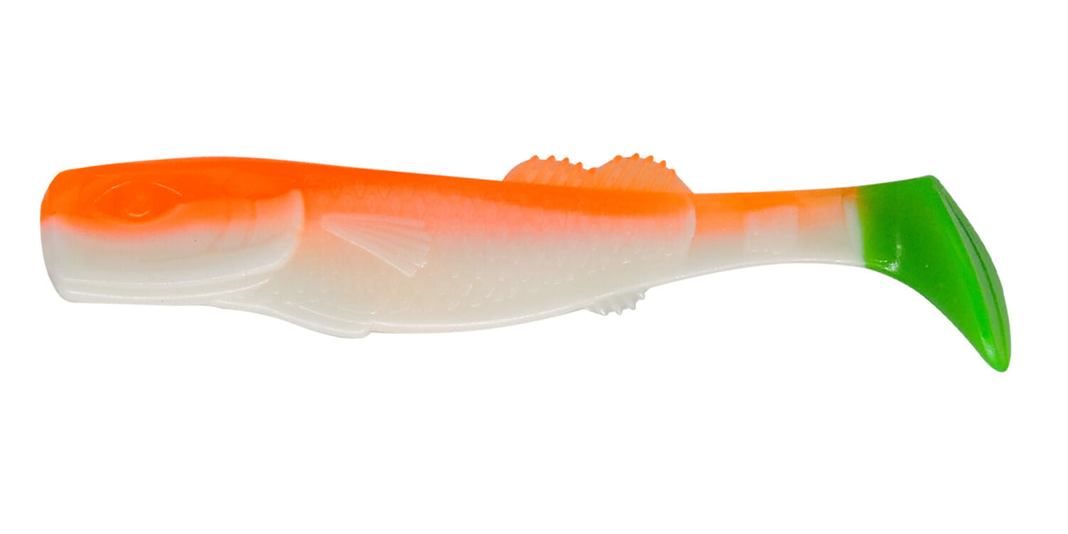Relax California 11cm (4") Reinweiß / Orange / Lime Tail 10 Stück, Gummifisch, Köder, Schwimmend, Orangene Farbverlauf, Grün Diamond Schwanz