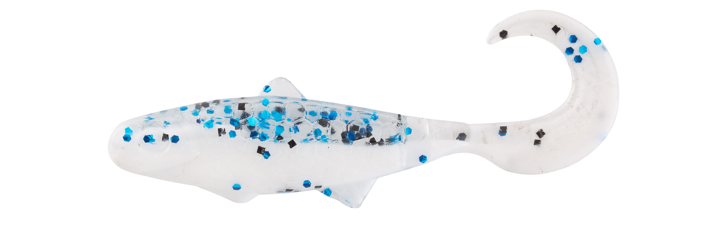SX Relax Banjo Twister 5cm (2") Reinweiß Klar Blau Glitter 10 Stück, weicher Köder, Fischköder, Glitzer-Akzente, Schwimmköder, weiß mit blauem Glitzer