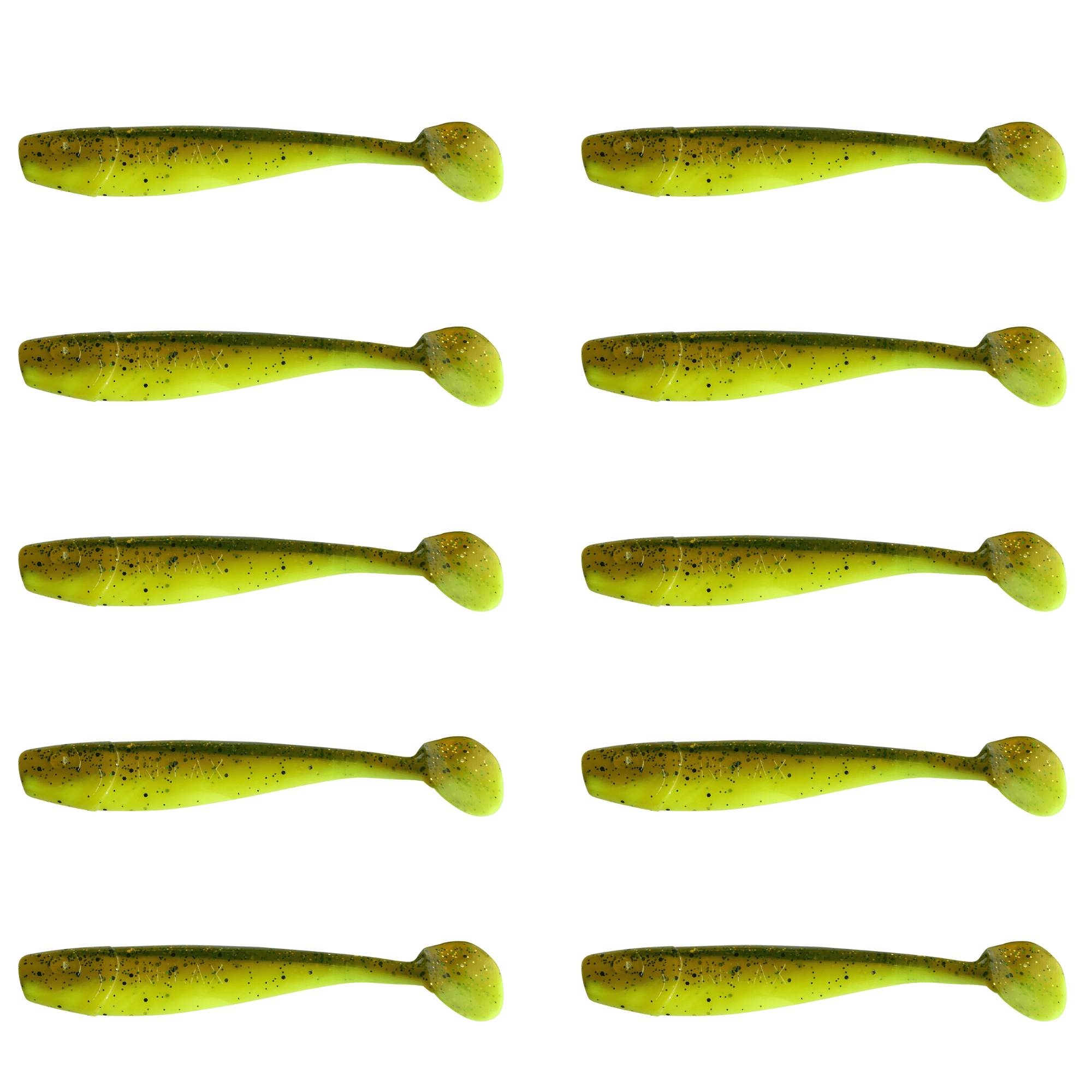Relax King Shad 11cm (4") Fluogelb / Olivebraun-Glitter 10 Stück – Bild 2, Weicher Kunststoff Köder, Weicher Köder, Swimbait, Grün Glitzer, Röhrenende