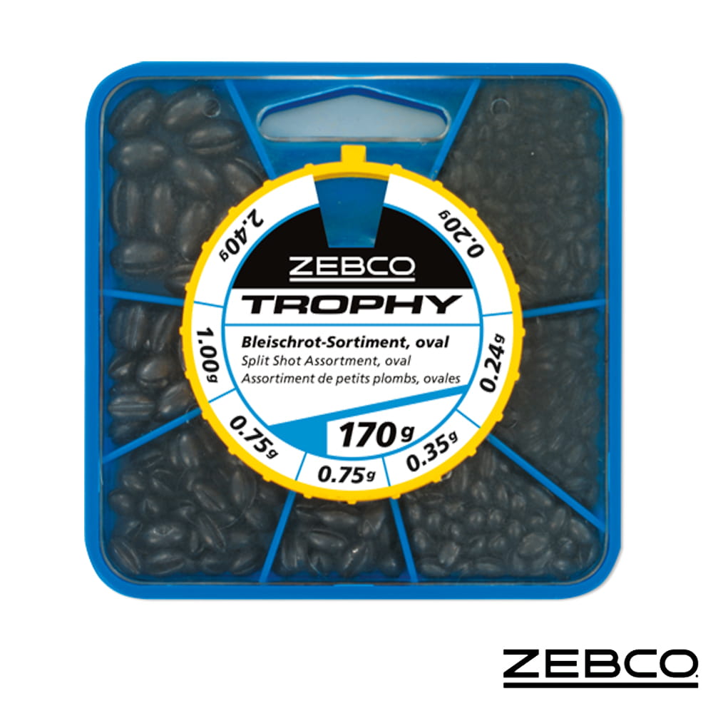 Zebco Trophy Oval Split Shot Assortment 170g, Trophy, Bleigroß?, Schwarze Körner, Box mit Öffnung, ZEBCO Trophy