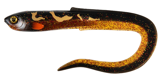 Fox Rage Slick Eel 42cm Burbot, Kunstköder, Gummiköder, Aalform, schwarz-gelb, gesprenkelt