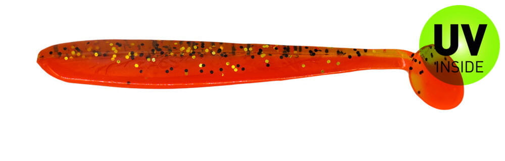 weicher Kunststoffköder, Angellok, Glitzerpigment, orange Farbe, UV-Innenliebe
