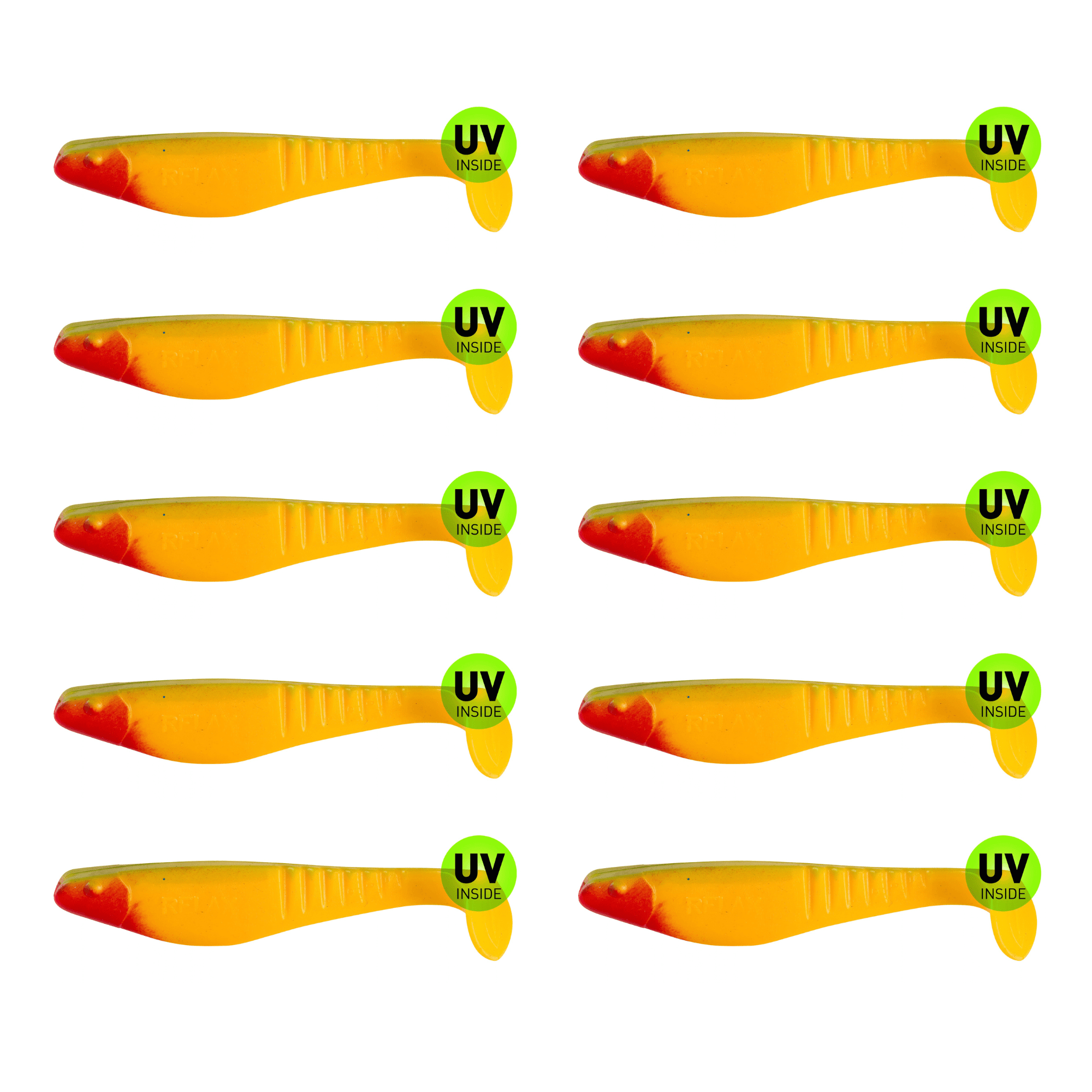 SX Relax Shark 11 cm (4") Gelb 7 Grün 10 Stück – Bild 2, Angelhaken?, soft plastic lure, orange color, UV sticker, Köder